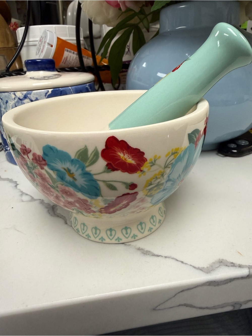 The Pioneer Woman Fancy Flourish Mortar & Pestle in Aqua, Red, Blue, Cream